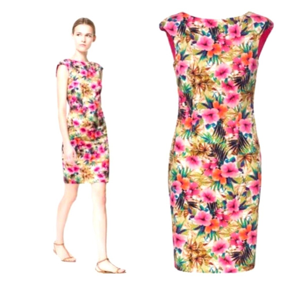 Zara Floral Print Sheath Dress Size Small Boat Neck Pink Tropical Shoulder Pads